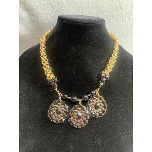 Gold-Tone Statement Necklace with Black Crystal Accents & Chain Design 18"